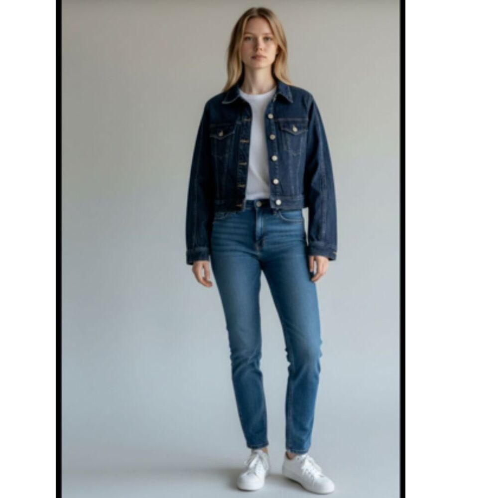 Goldsign Box Denim Jacket Womens Small Dark Indigo Wash Gold Tone Buttons Sample